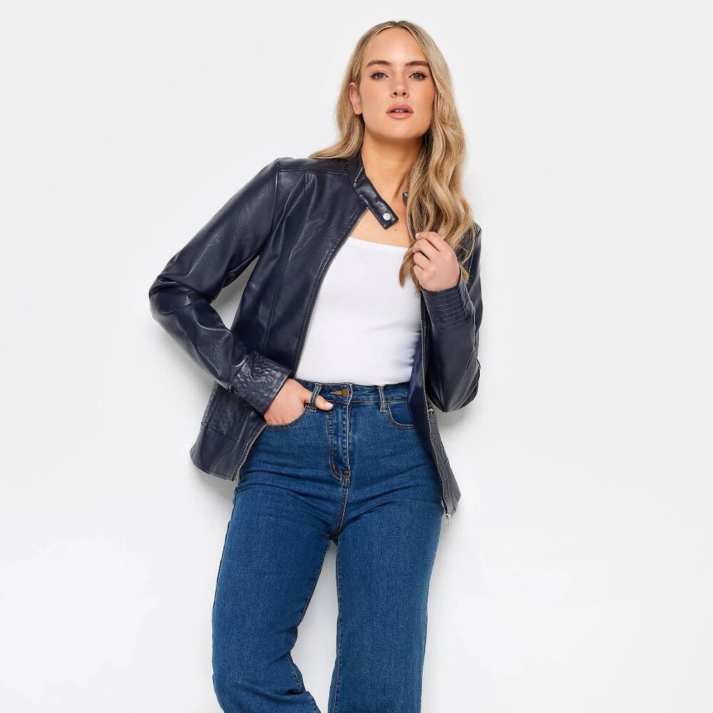 Black Vegan Leather Funnel Neck Jacket | LTS Tall